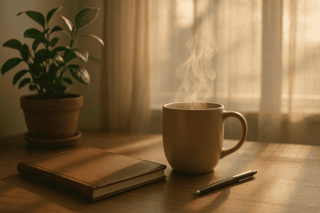 A warm morning scene with a steaming cup of coffee, a journal, and a pen on a wooden table, representing peaceful reflection and thoughtful planning.