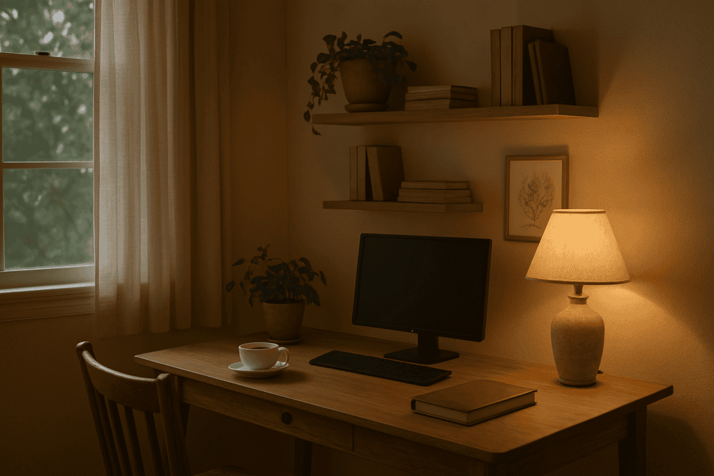 A cozy home office with warm lighting, a computer monitor, a coffee cup, and a closed journal on the desk — a peaceful space for reflection or end-of-life planning tasks.