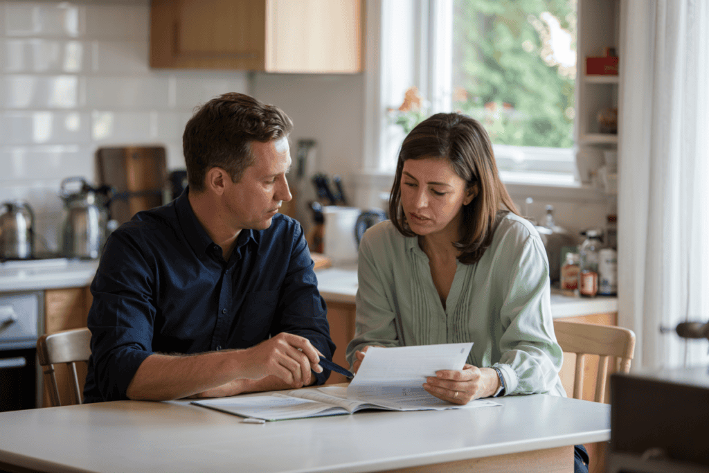 A couple seated at a kitchen table, reviewing paperwork together in a calm setting, representing a discussion about advance directive decisions and future healthcare planning.