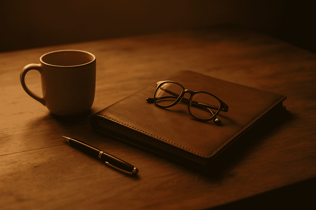 A soft-lit desk scene with a leather-bound journal, a pair of reading glasses, a pen, and a coffee mug — symbolizing thoughtful planning and quiet reflection.